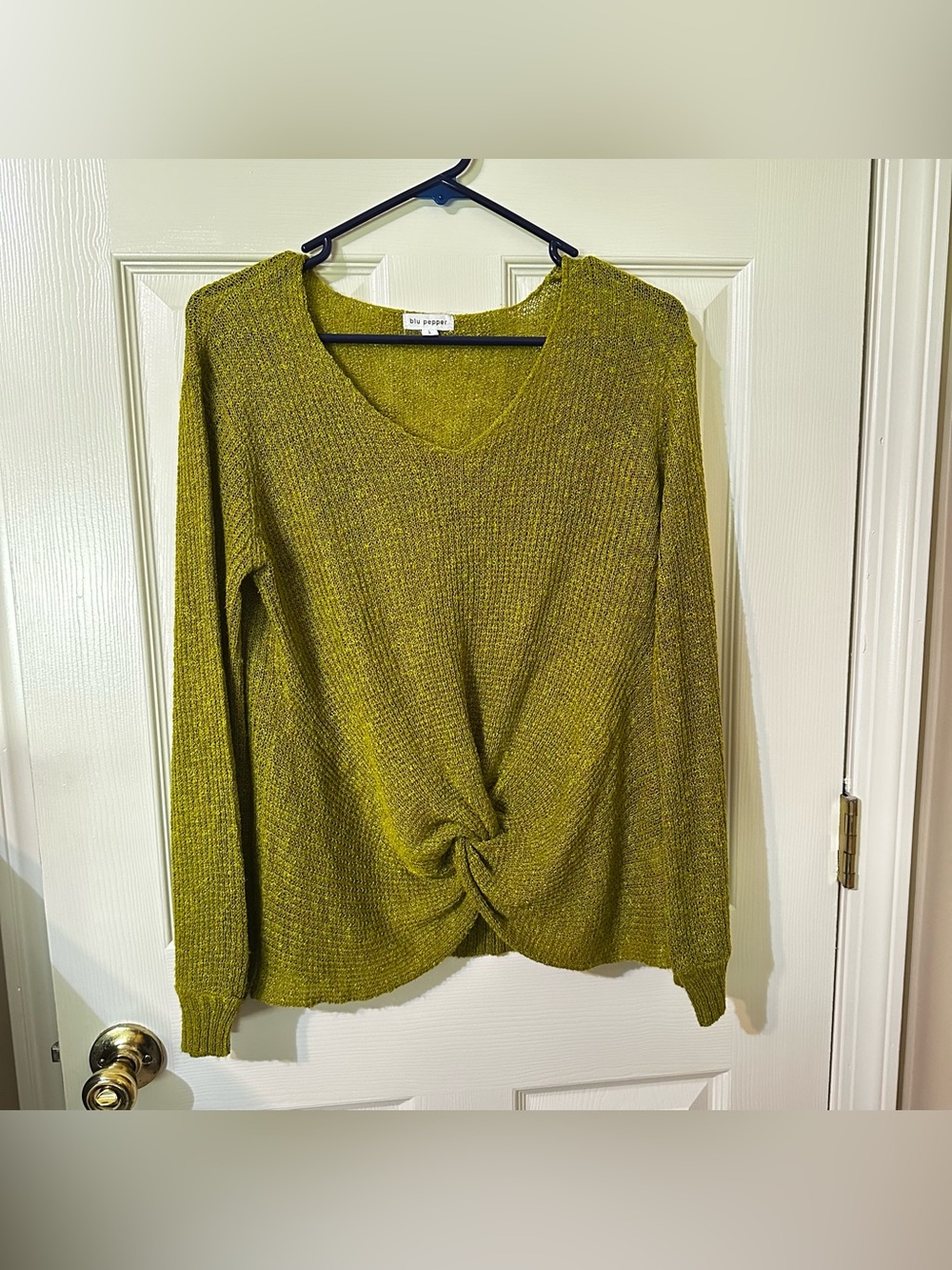 Blu Pepper Olive Green Twisted Front V-Neck Sweater